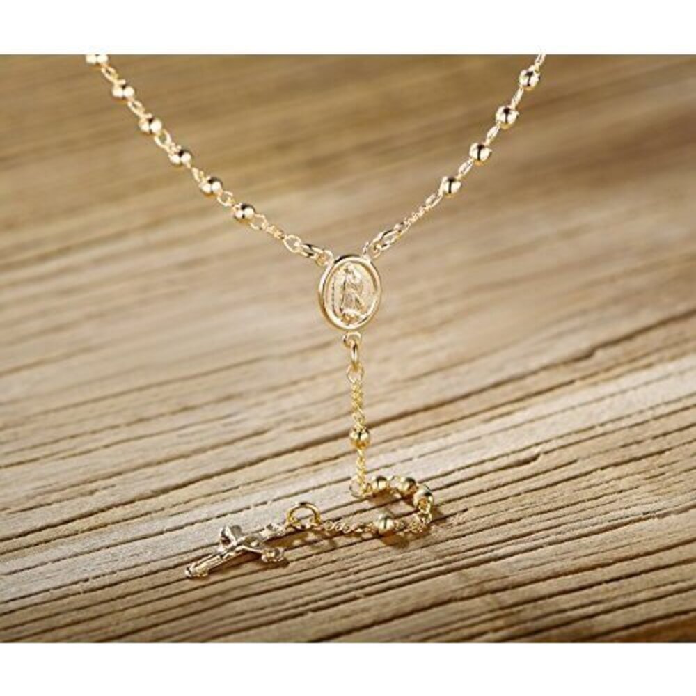 18K GOLD PLATED VIRGIN MARY ROSARY BEAD CROSS NECKLACE - MADE IN BRAZIL (18 - Picture 3 of 4